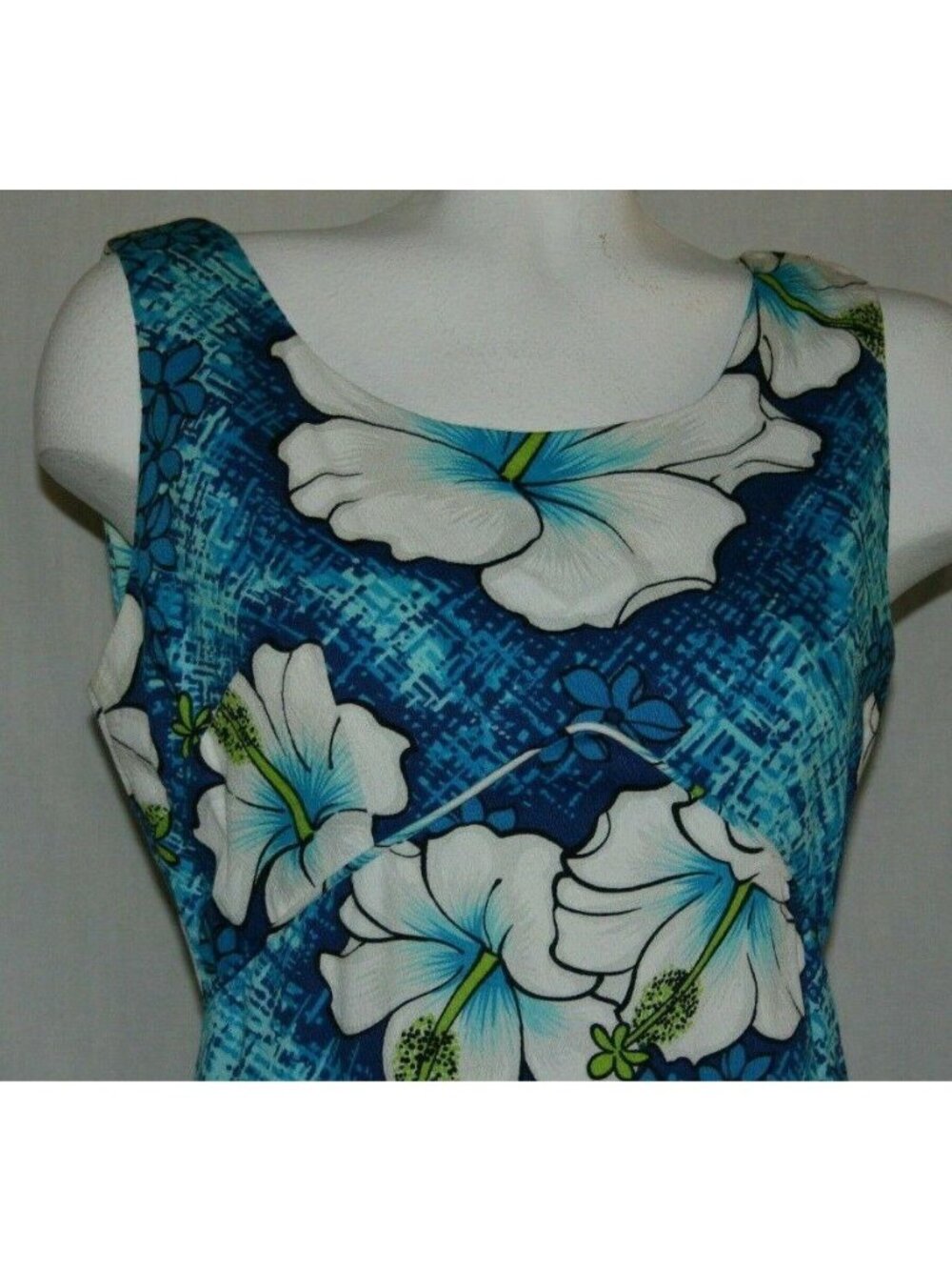 Vintage Pomare Hawaii Women's Blue Tank Maxi Dress White Hibiscus Size Small